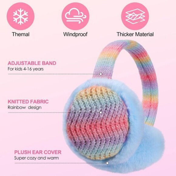 ⚡Kid Rainbow Blue Knitted Rainbow Winter Outdoor Plush Adjustable Warm Ear Muffs - Picture 4 of 9
